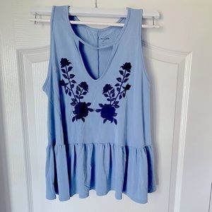 Blue Tank Top With Floral Embroidery